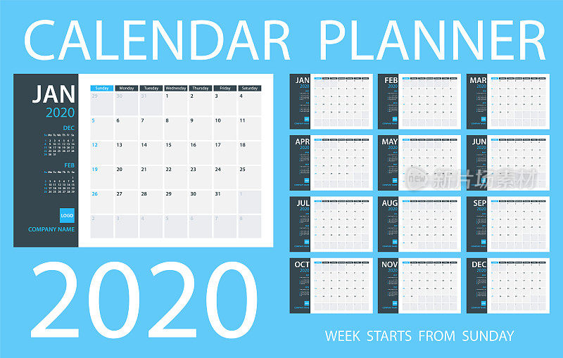 日历计划2020 -矢量模板。星期日开始上班